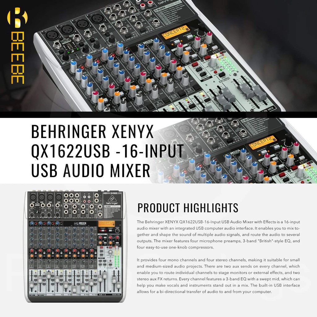 Behringer Xenyx QX1622USB - Mixer USB Chuyên Nghiệp 16 Cổng Cho Phòng Thu và Sân Khấu Biểu Diễn