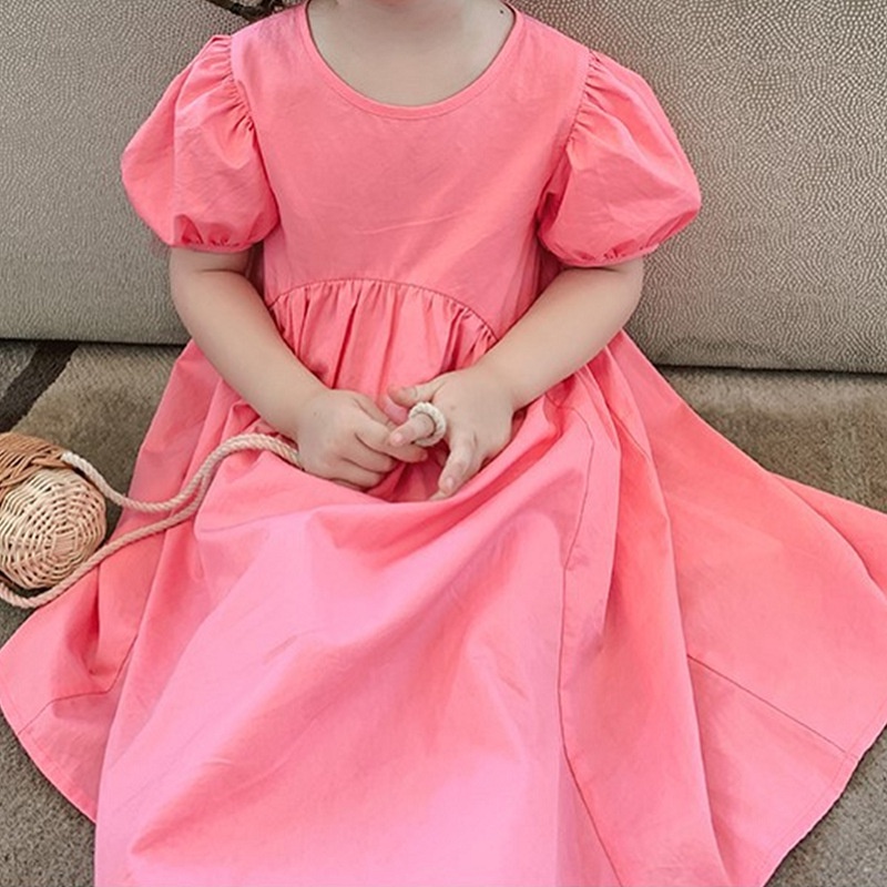 Đầm Công Chúa Mùa Hè Tay Phồng Cổ Tròn Bằng Vải Cotton Thời Trang Hàn Quốc Cho Bé Gái