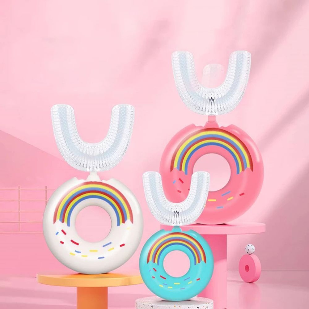 [Hàng mới về] Bàn chải đánh răng hình chữ U bằng silicon mềm hình bánh donut xoay 360 độ cho bé 2-12 tuổi