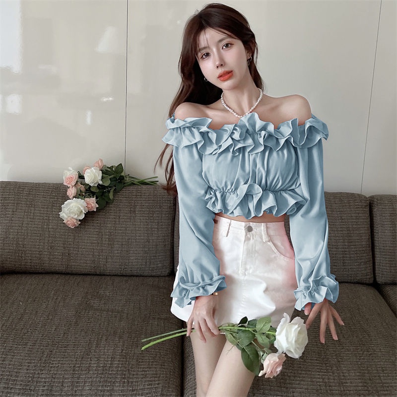 COZOK Áo Sơ Mi Crop Top Lệch Vai Một Dây Nhún Bèo