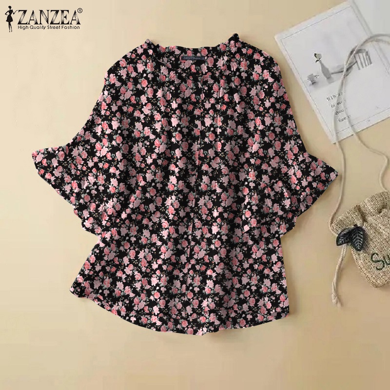 Zanzea Áo Kiểu Tay Lửng Cổ Tròn Phối Bèo In Họa Tiết Vintage Thời Trang Cho Nữ