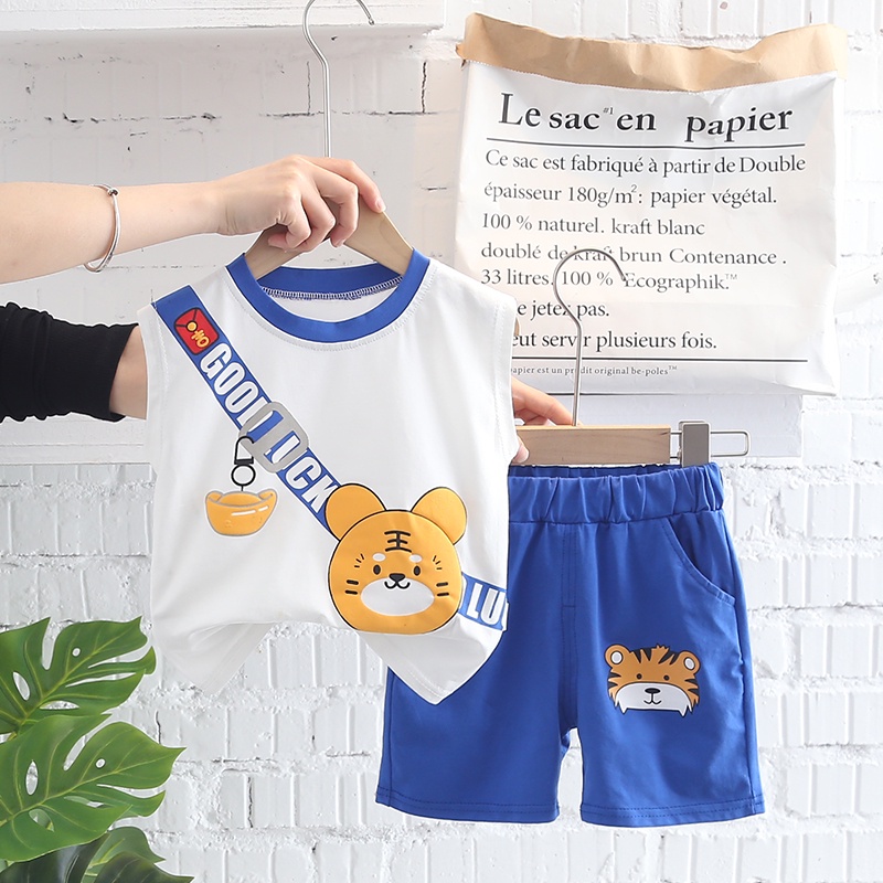 Set Đồ Mùa Hè 2 Món Gồm Áo Ba Lỗ Cotton In Hình Hổ Thời Trang + Quần Ngắn Thời Trang Cho Bé Trai Và Gái