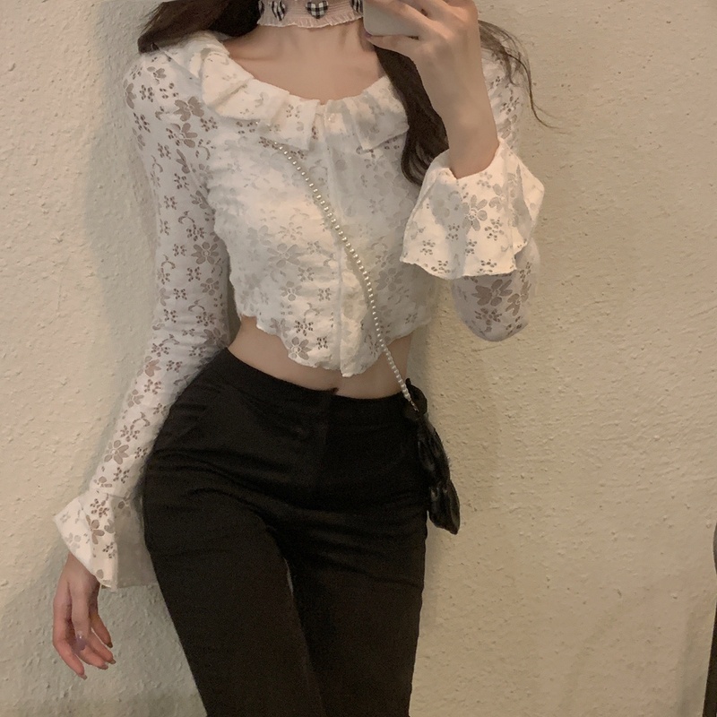 Áo kiểu tay dài cổ búp bê phối ren thời trang mùa thu