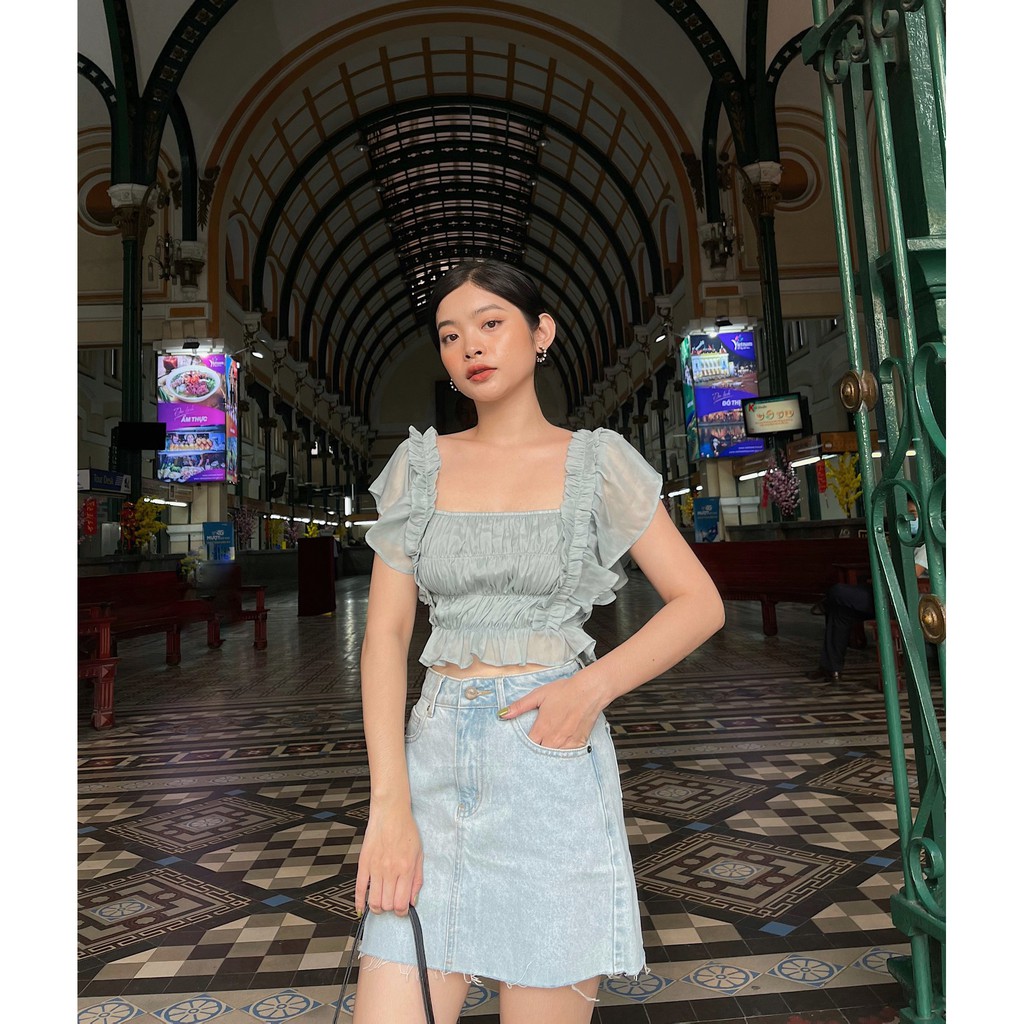 Áo voan freesize HEYBEE phom ngắn nhún bèo (2 màu) - BLUE BELL TOP HT630.