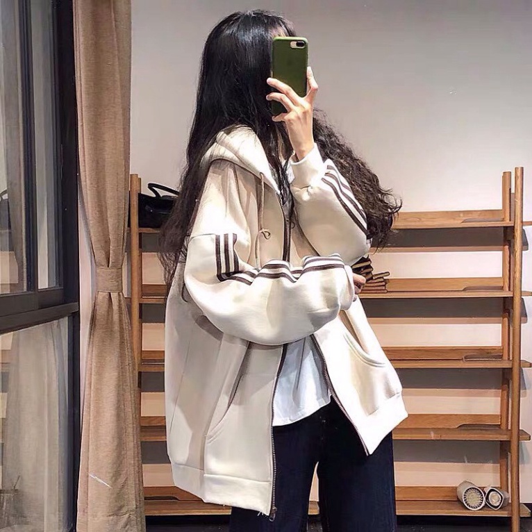 Áo khoác nam nữ thể thao ulzzang 3 sọc màu be? Áo sweater hoodie nỉ bông kiểu dáng thể thao form rộng unisex K33