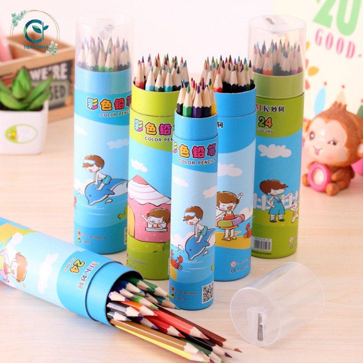 Hộp bút chì màu gỗ có nắp chuốt tiện lợi - 12/24 màu