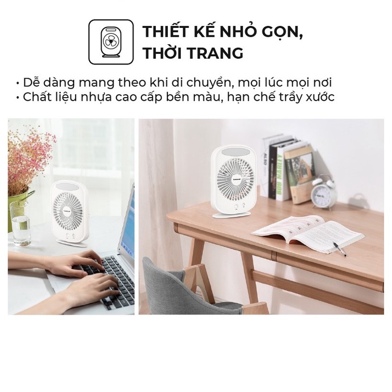 Quạt tích điện mini Sunhouse SHD7110, pin lithium 1800mAh siêu bền, sử dụng đến 4,5h, tích hợp đèn ngủ
