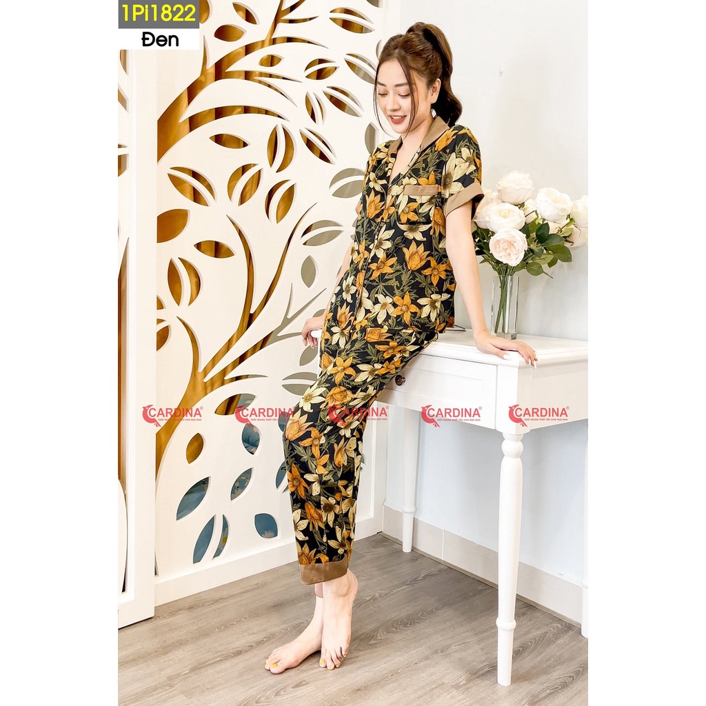 Bộ Pijama Nữ 𝐂𝐀𝐑𝐃𝐈𝐍𝐀 Chất Lụa Satin Nhật Cao Cấp Quần Dài, Áo Cộc Tay Họa Tiết Tinh Tế