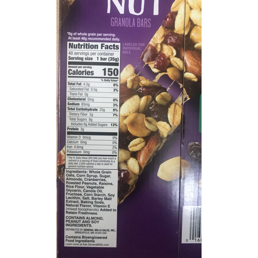 LẺ - Bánh Yến Mạch Mix Trái Cây &amp; Hạnh Nhân &amp; Đậu Phộng Sấy khô NATURE VALLEY FRUIT &amp; NUT CHEWY GRANOLA BAR, TRAIL MIX