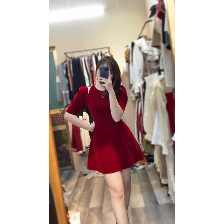 váy nhung khoét vai diệ noel tết đi chơi đi gặp bạn bè ny đều xinh