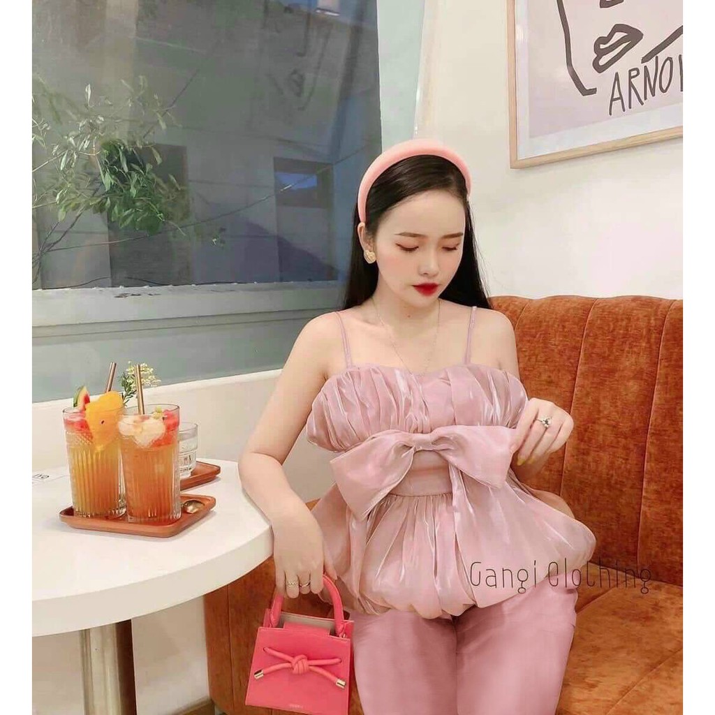 Set áo nhúng xếp li nơ ngực kèm quần ống suông đẹp xuất sắc nha khách NA1