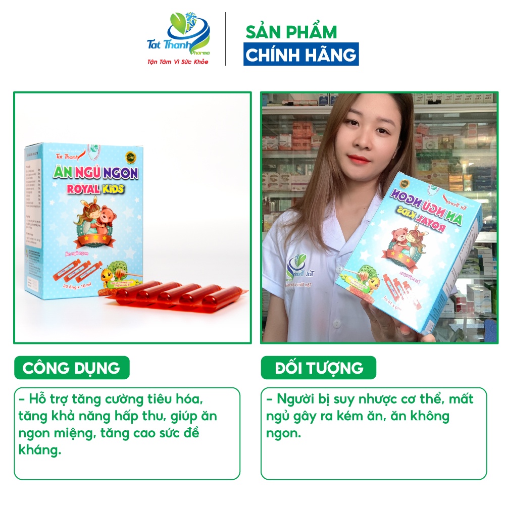 Ăn ngủ ngon Royal Kids Tất Thành Pharma tăng cường tiêu hóa giảm mồ hôi trộm cho trẻ hộp 20 ống