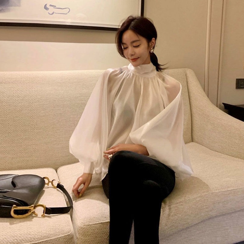 Áo sơ mi tay phồng thắt nơ phong cách phương Tây mới dành cho nữ 2021