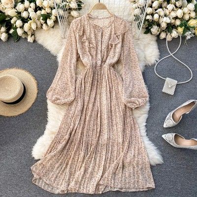 Đầm vintage hoa nhí dài tay váy xếp ly tiểu thư Đ408