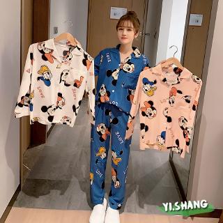 [Ba Lựa Chọn m-xl] Bộ Đồ Ngủ Tay Dài Quần Tây Vải satin Dáng Rộng In Hình mickey Vịt donald Hoạt Hình Dễ Thương Co Giãn Cho Nữ Sinh