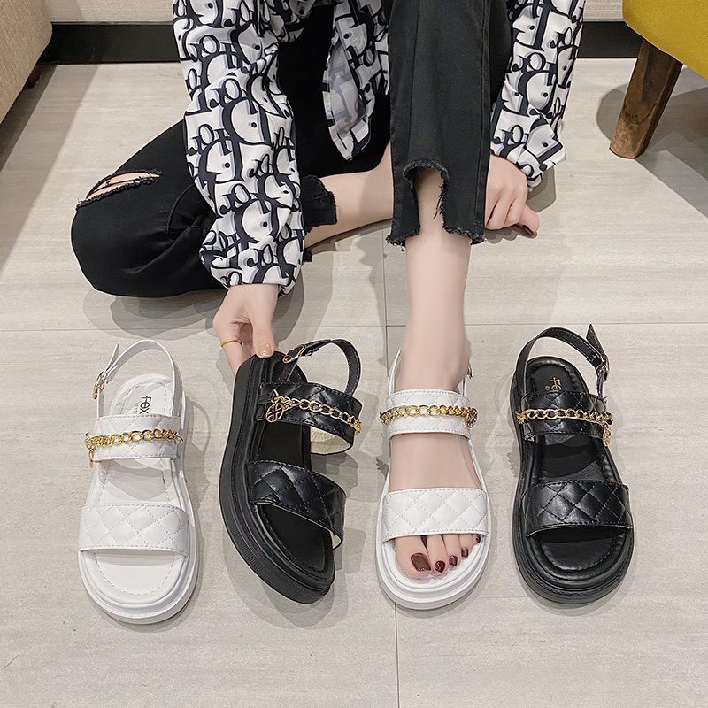 (2 Màu) Sandal nữ Trần Chỉ Viền Xích Kiểu Dáng Học Sinh Cực Đẹp