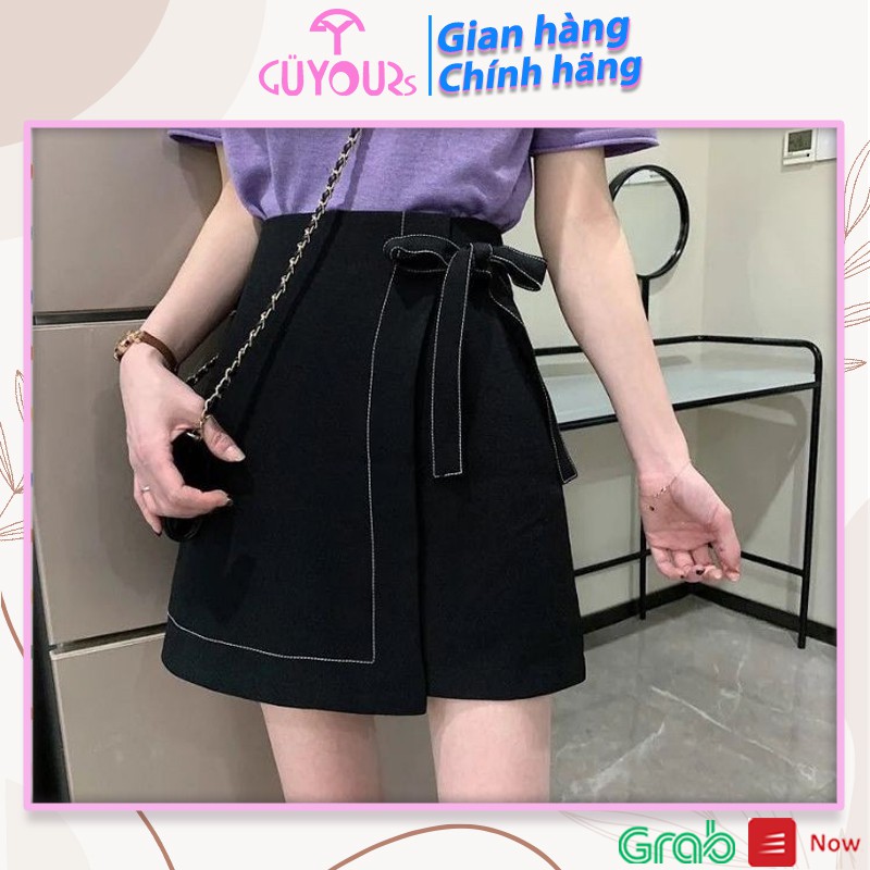 [QUÀ TẶNG Dây buộc tóc] Chân váy chữ a trơn chỉ nổi có nơ buộc dáng ngắn GUYOURs CVN122