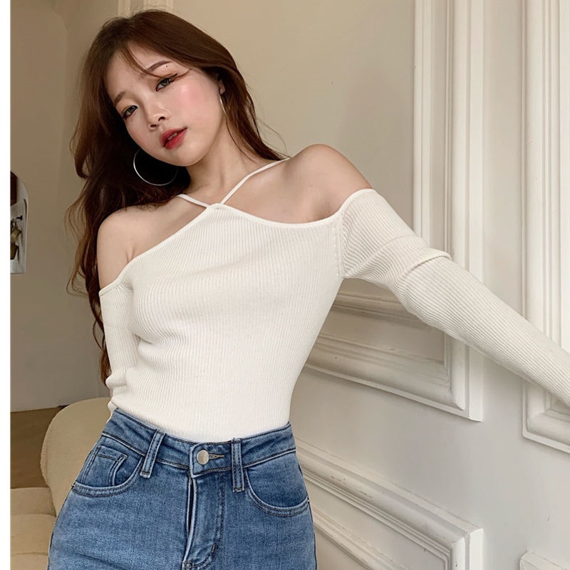 Áo sweater Dệt Kim Dài Tay Thiết Kế Hở Lưng Quyến Rũ Cho Nữ