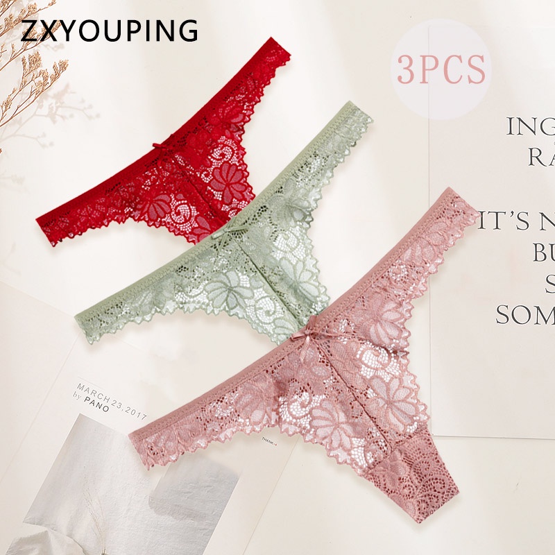 Set 3 quần lót ren trong suốt ZXYOUPING lưng thấp đính nơ quyến rũ cho nữ