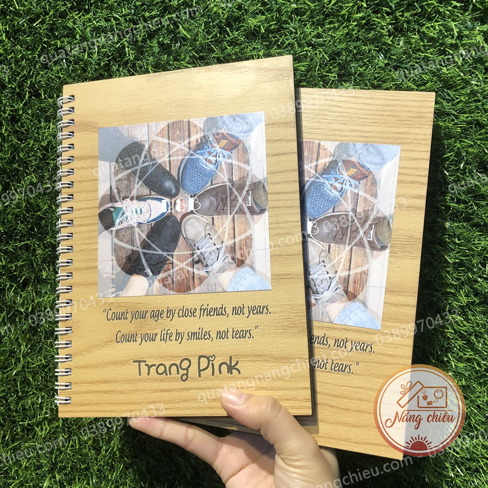 Sổ gỗ in ảnh theo yêu cầu_ Sổ gáy lò xo, khắc chữ và in ảnh dán theo yêu cầu
