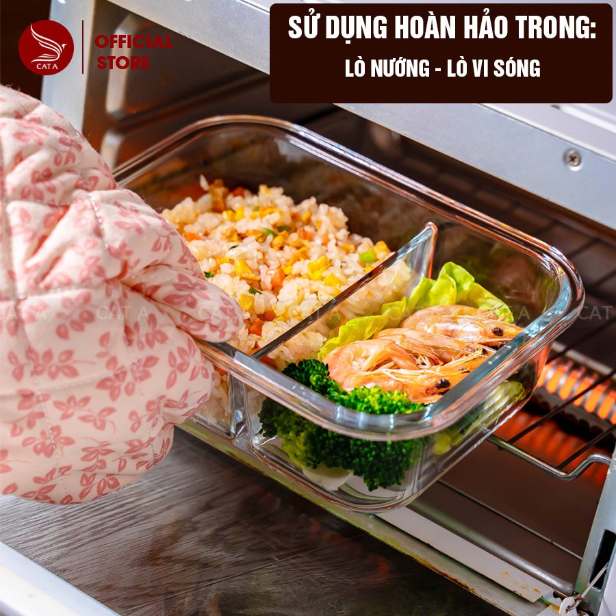 Hộp Cơm Thủy Tinh Chia Nhiều Ngăn CÁT Á Có túi đựng, đũa thìa - Nhỏ gọn tiện lợi, mang đi muôn nơi