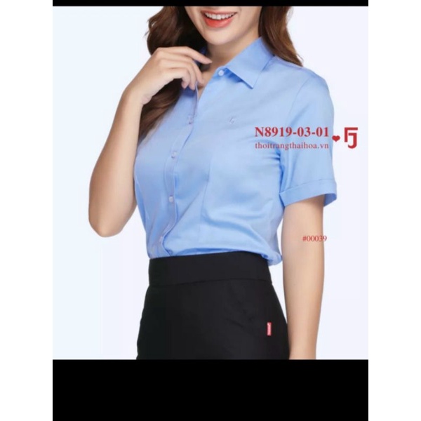 Áo sơ mi nữ Thái Hòa màu xanh dương vải sợi tre mã 8919