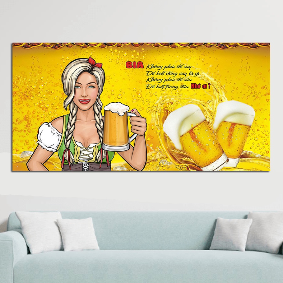 Tranh dán treo tường quán nhậu, ăn uống vui nhộn in decal pp khổ lớn