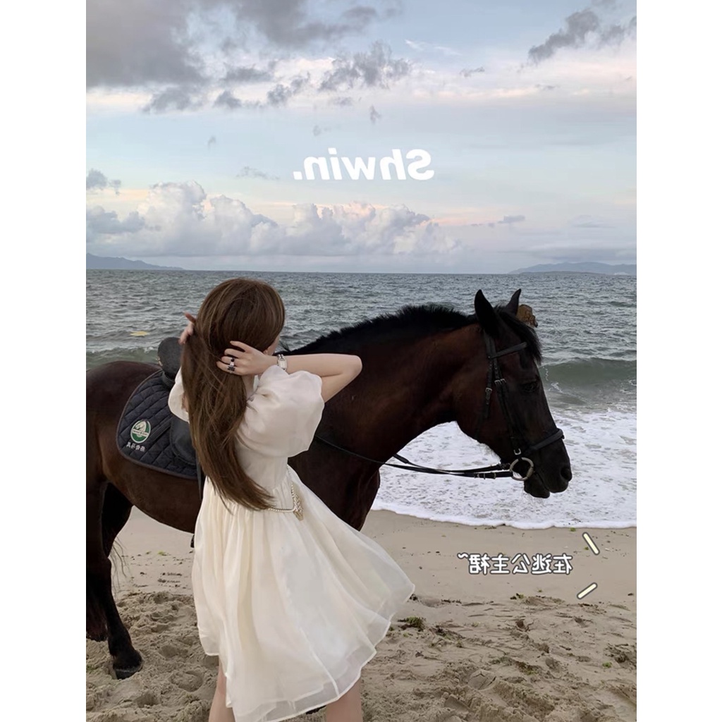 Đầm tiểu thư cổ vuông tay bồng, Váy voan nữ sang chảnh dáng xòe mặc đi chơi đi tiệc