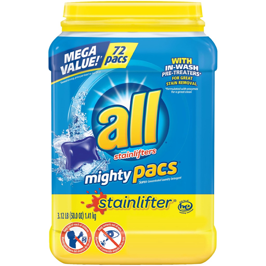 Hộp 72 viện giặt All Stainlifters Mighty Pacs 72 (Mỹ)