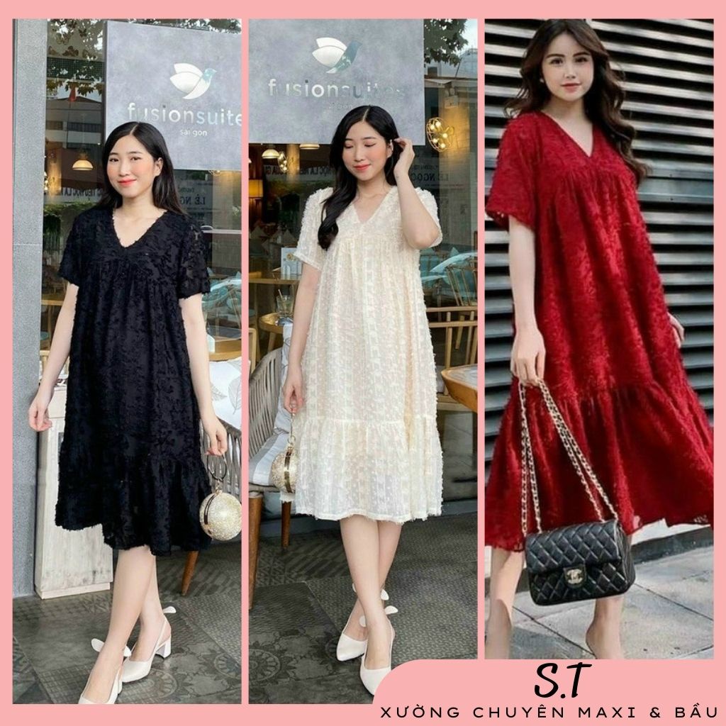 Đầm bầu thời trang thiết kế HOT chất ren freesize từ 48kg đến 75kg