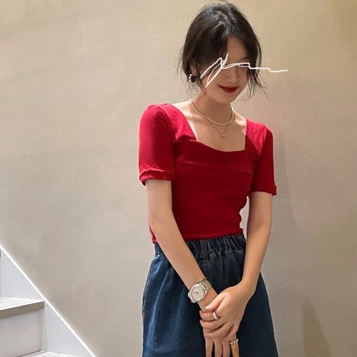 Áo dệt kim ZHELIHANGFEI tay ngắn cổ vuông gợi cảm thời trang