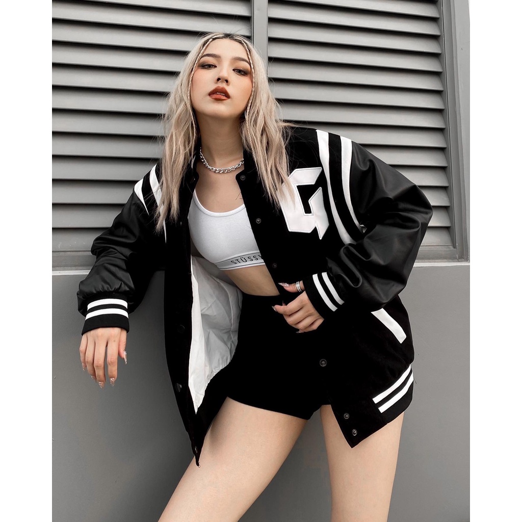 [HipHop] Áo Khoác Nhung Tăm Phối Tay Da Jacket Varsity Graffiti Gonz - V1