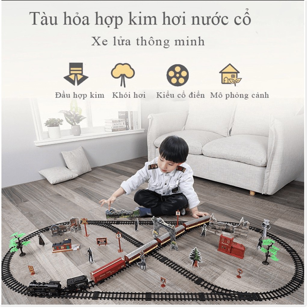 Bộ Tàu Hỏa Hiệu ứng ánh sáng và âm thanh Hơi nước và khói 181x78cm-TTHome