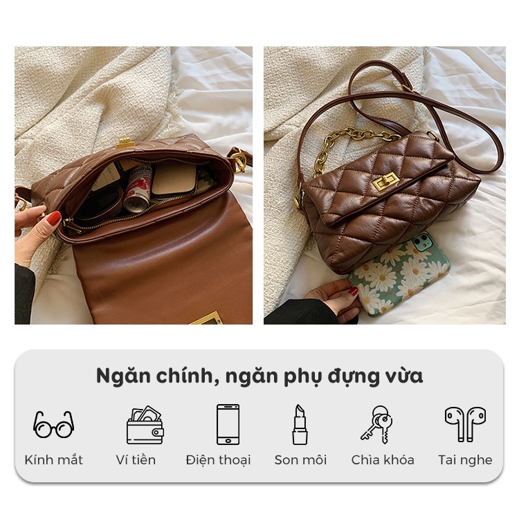 Túi đeo chéo nữ xách tay kẹp nách MUNGA thời trang công sở chất da mềm cao cấp họa tiết ô tram đi làm, đi chơi TMG17