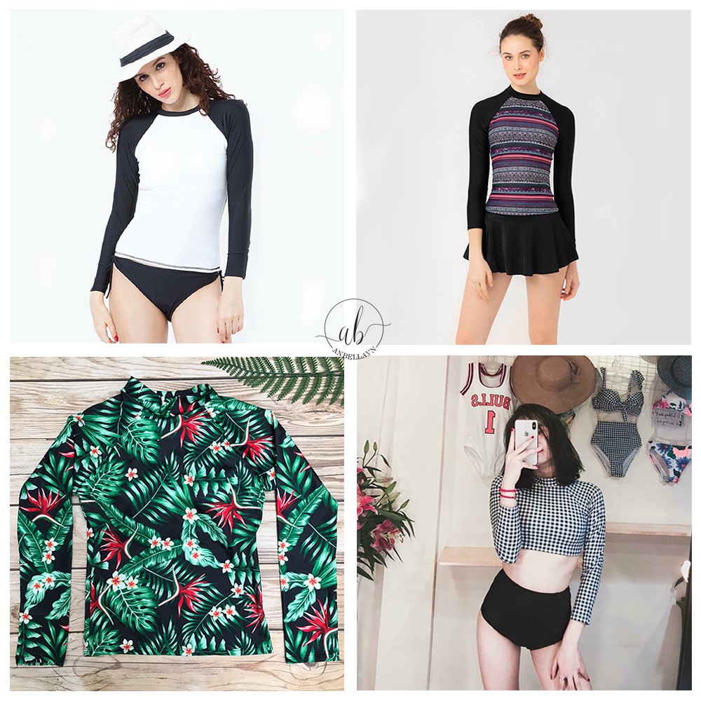 Áo bơi nữ lẻ dài tay, croptop tay dài kín đáo, có lót ngực, Mẫu 1- 12 (Freesize 40 - 60kg)