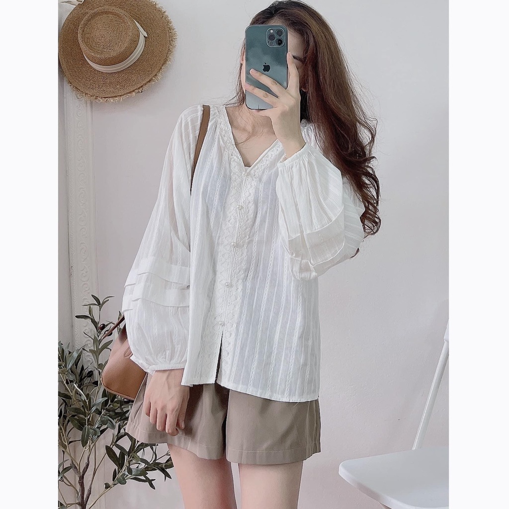 Áo sơ mi kiểu nữ Ulzzang, Áo sơ mi cổ kiểu phối ren thanh lịch phong cách Hàn Quốc