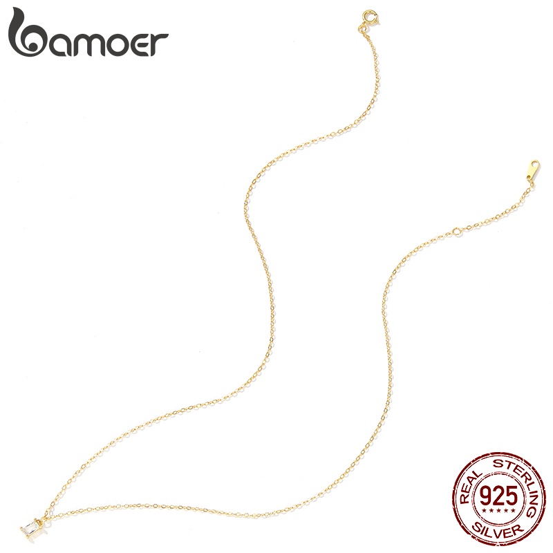 Vòng cổ Bamoer bạc 925 mặt hình chữ nhật đính đá zircon phong cách đơn giản cho nữ