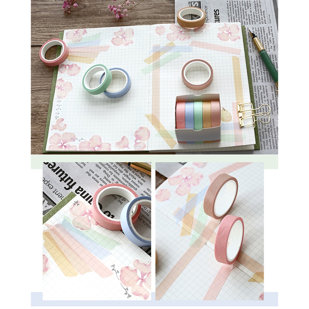 Hộp 5 cuộn washi tape màu sắc cơ bản 9 mẫu