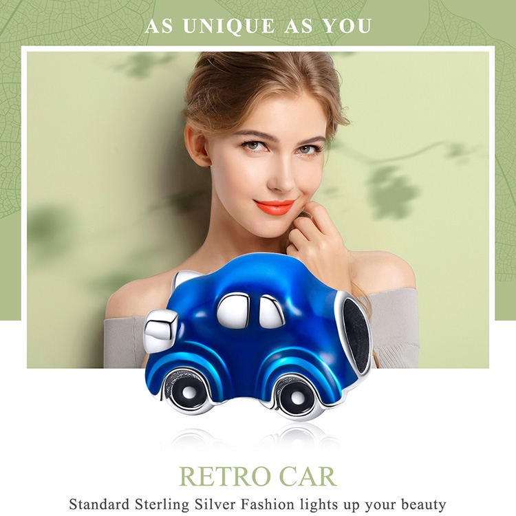 Hạt phụ kiện Bamoer SCC957 bạc 925 tráng men xanh dương kiểu xe hơi dễ thương trang trí vòng tay thủ công