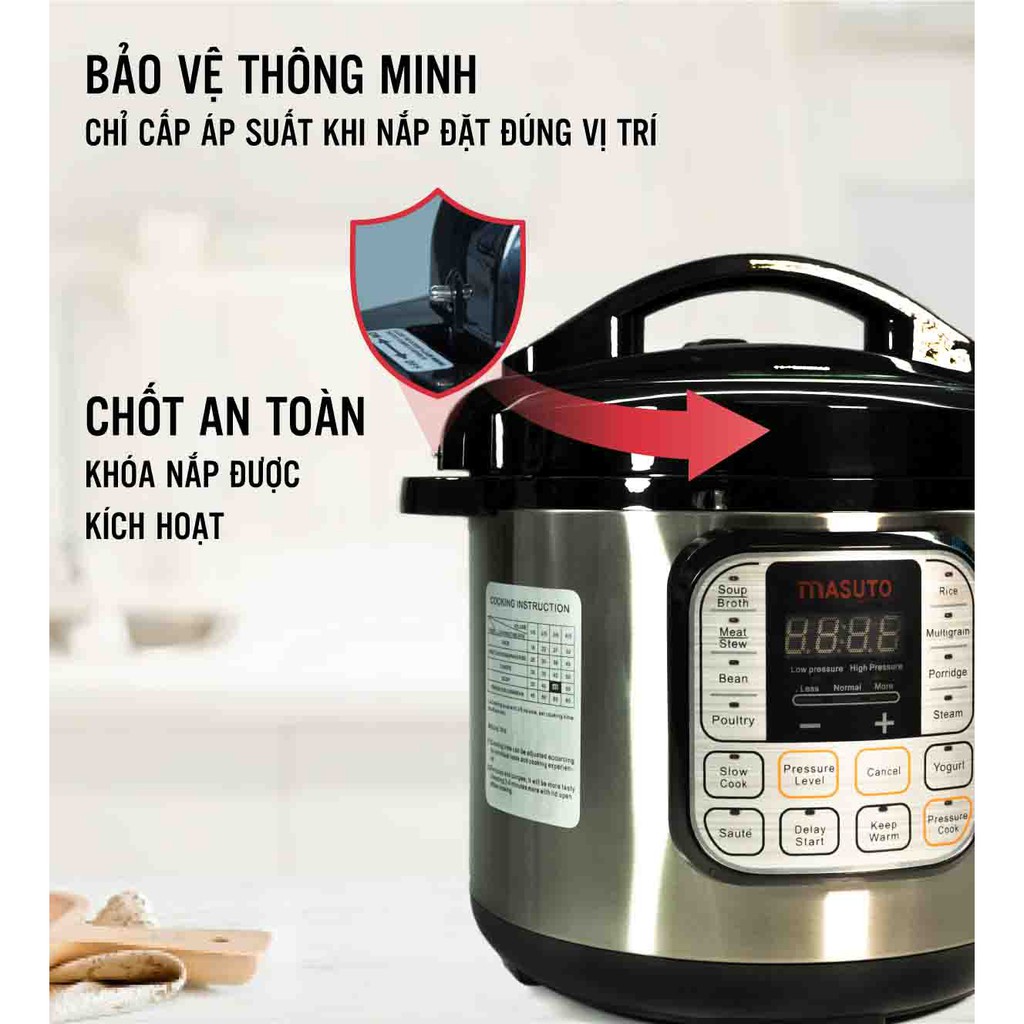 Nồi áp suất điện từ đa năng Masuto 6 lít điều chỉnh áp xuất tự động nấu cơm ngon ninh hâm siêu nhừ