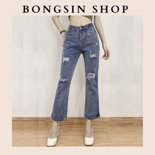 Quần jean baggy nữ dài, ống loe nhẹ, rách đùi lưng cao