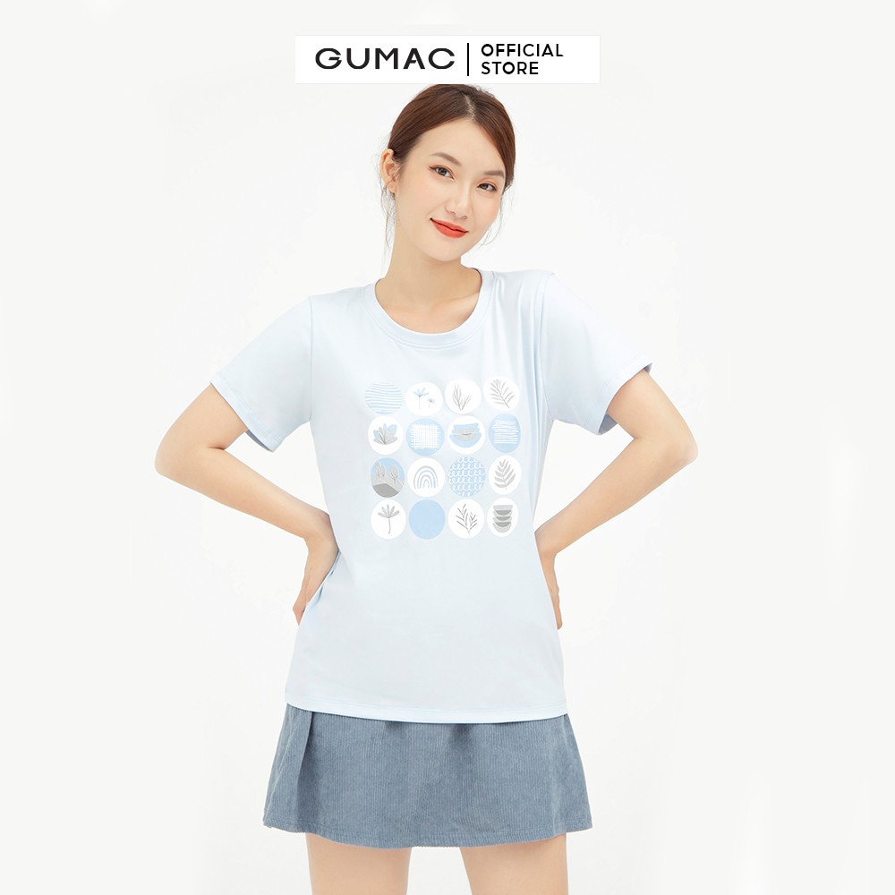 Áo thun nữ basic in họa tiết, tay ngắn màu xanh GUMAC ATB554