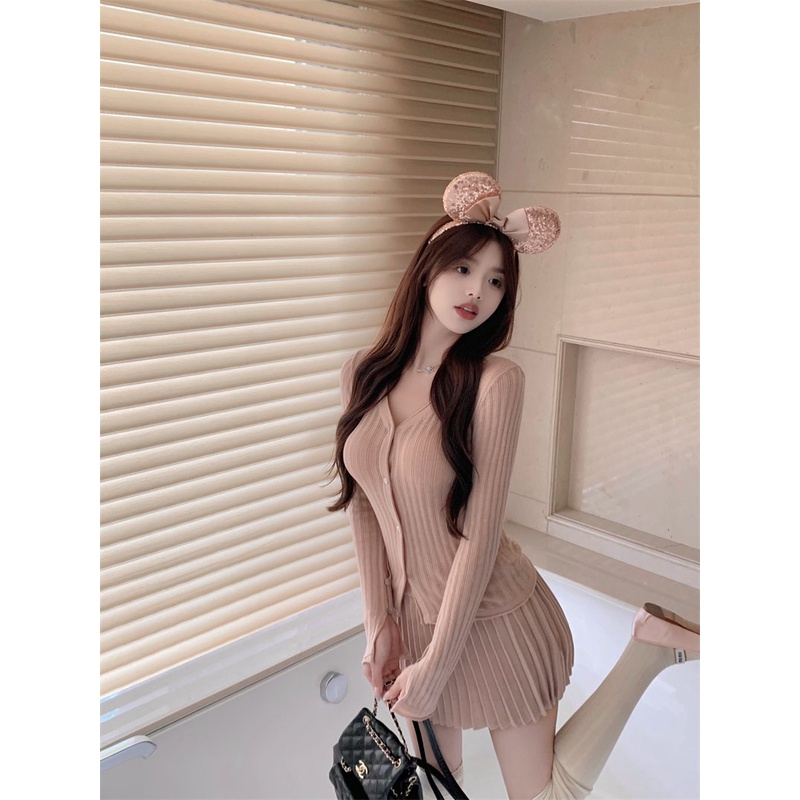 Set Áo cardigan Dài Tay + Chân Váy Xếp Ly Ngọt Ngào Nữ Tính