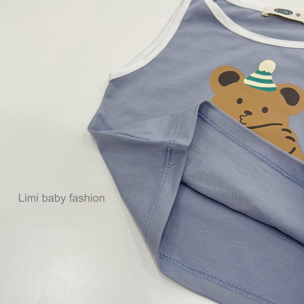 Bộ ba lỗ bé trai hoạ tiết gấu dễ thương, áo khoét nách mát mẻ cho bé, bộ không tay cho bé