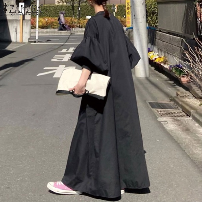 Zanzea Đầm Dài Cổ Tròn Cài Nút Tay Lồng Đèn Thời Trang Cho Nữ