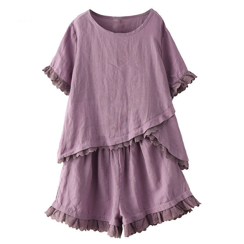 Set Áo Thun Tay Ngắn + Quần Dài Chất Cotton + Lanh Màu Trơn Cho Phái Nữ