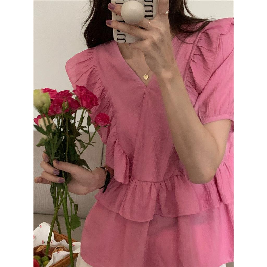 Áo Sơ Mi Nữ Cổ Chữ V Tay Ngắn Xếp Li 51490