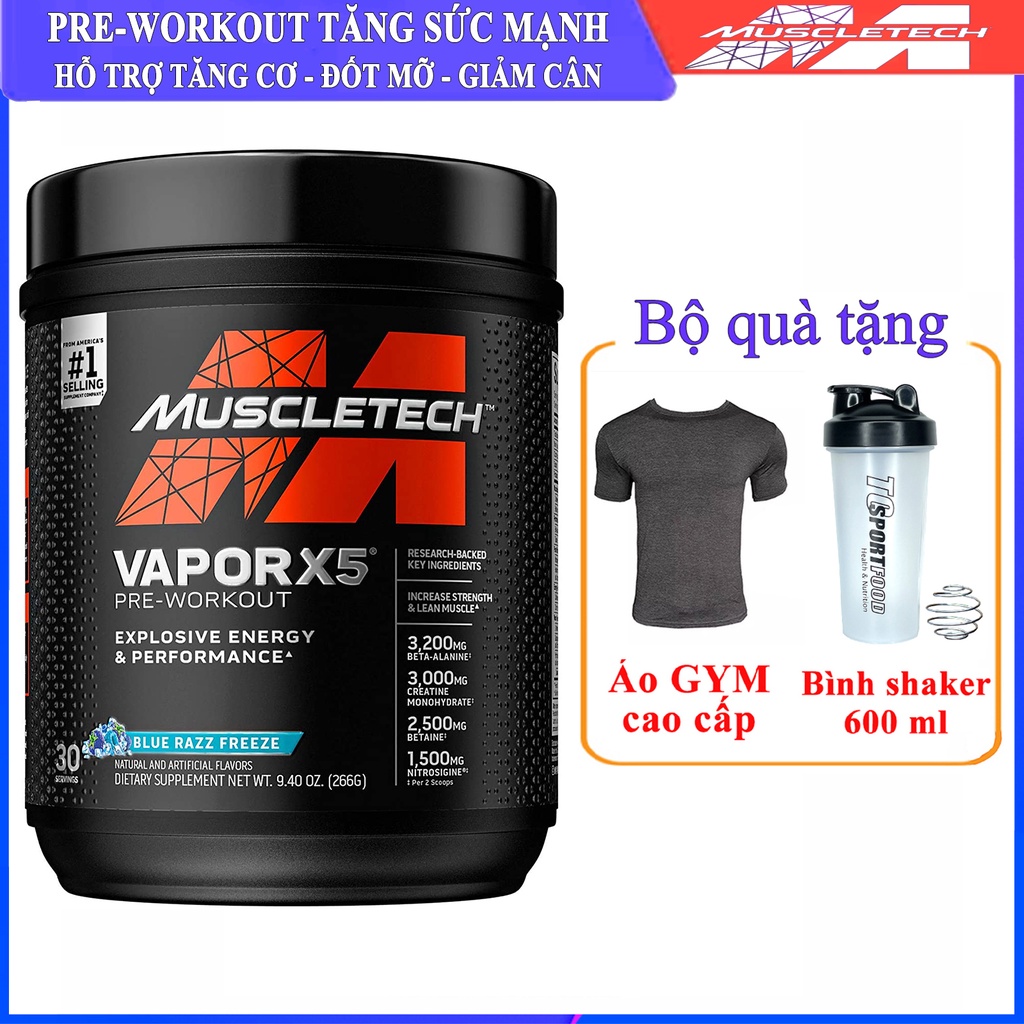 [TẶNG ÁO GYM VÀ BÌNH LẮC] PreWorkout Vapor X5 của MuscleTech tăng sức mạnh sức bền trước tập 30 lần dùng