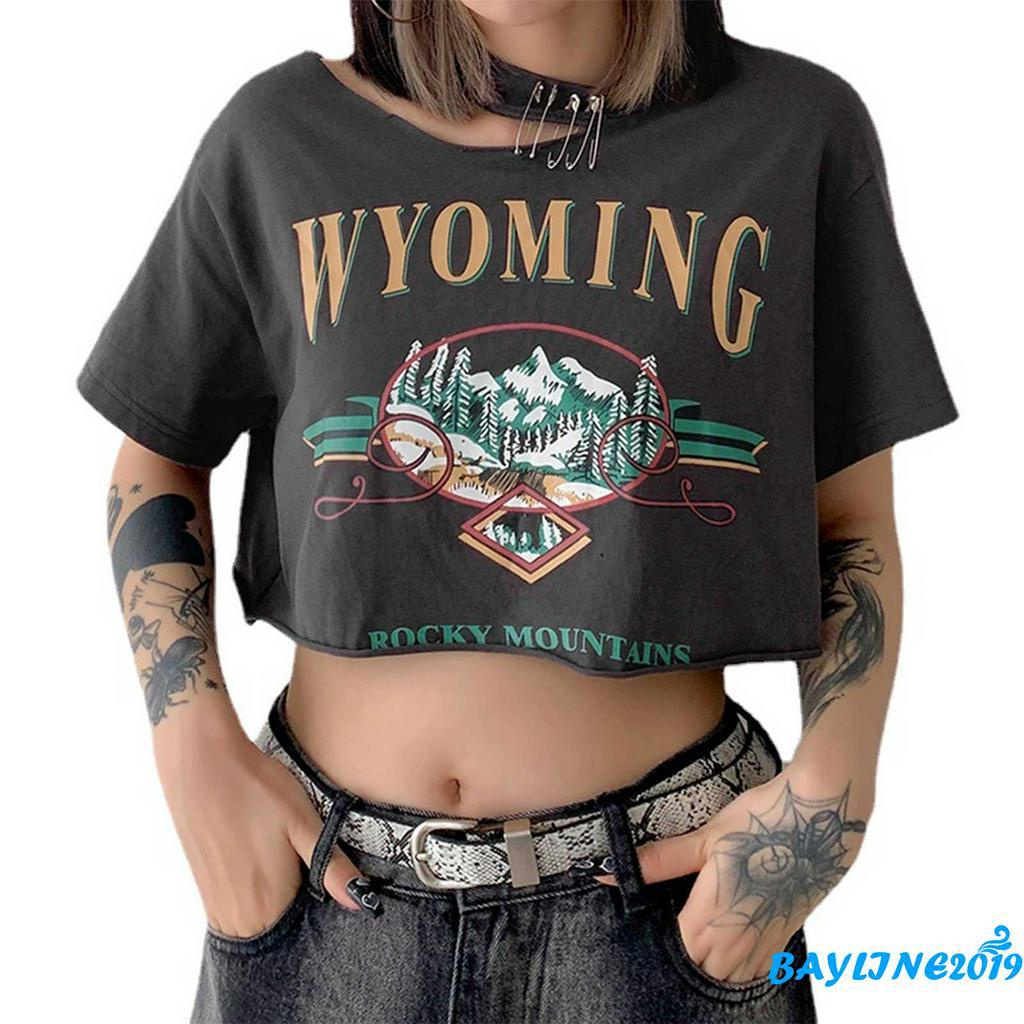 Áo Thun Lửng Ngắn Tay In Chữ Thời Trang Cho Nữ