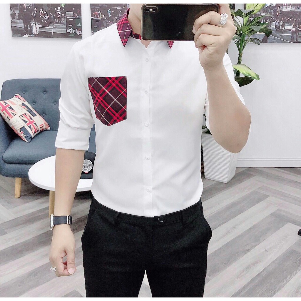 Áo sơ mi nam trắng dài tay kate lụa mẫu mới phối viền hàng cao cấp AHFASHION | BigBuy360 - bigbuy360.vn